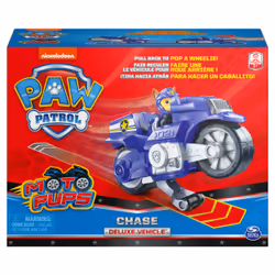 PAW Patrol , Moto Pups Chase’s Deluxe Pull Back Motorcycle Vehicle with Wheelie Feature and Toy Figure