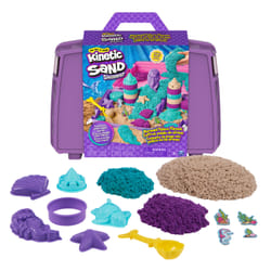 Kinetic Sand , Mermaid Palace Playset, Over 2lbs of Shimmer Play Sand (Neon Purple, Shimmer Teal, and Beach Sand), Reusable Folding Sandbox and Tools, Sensory Toys for Kids Ages 3 and up