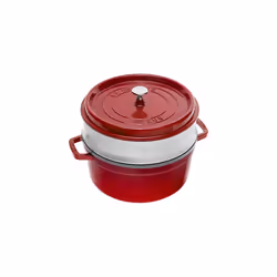Staub 1004352 Cast Iron Roaster/Cocotte, With Steam Insert, Round 26 cm, 5.2 L, With Matte Black Enamel Inside the Pot, Cherr ...