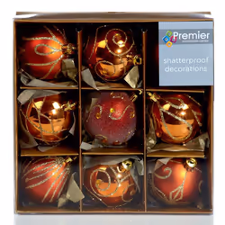 Set of Nine Copper Christmas Tree Baubles (6cm) by Premier Decorations