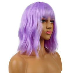 LANCAINI Short Bob Wigs with Bangs for Women Loose Wavy Wig Curly Wavy Shoulder Length Bob Synthetic Cosplay Wig for Girl Colorful Costume Wigs (Purpl