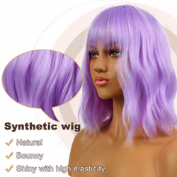 LANCAINI Short Bob Wigs with Bangs for Women Loose Wavy Wig Curly Wavy Shoulder Length Bob Synthetic Cosplay Wig for Girl Colorful Costume Wigs (Purpl