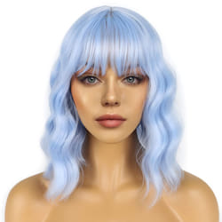 LANCAINI Short Bob Wigs with Bangs for Women Loose Wavy Wig Curly Wavy Shoulder Length Bob Synthetic Cosplay Wig for Girl Colorful Costume Wigs (Light