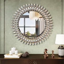 Kelly Miller Round Jeweled Decorative Mirror for Wall  26 Inch Modern Bathroom Wall Mirror Luxury Vanity Mirror Diamond Mirror for Restroom Half Bath