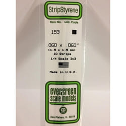 Evergreen 153 - 0.06" x 0.06" Polystyrene Strips 14"/35cm 10pcs