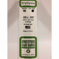 Evergreen 186 - 0.125" x 0.125" Polystyrene Strips 14"/35cm 10pcs