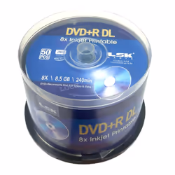 DVD+R DL Double Layer 8X 8.5GB 240min Video  White Inkjet Printable  by LSK Media  50 Pack in Spindle | Blank DVDs for Burning Video | DVD Discs Blank