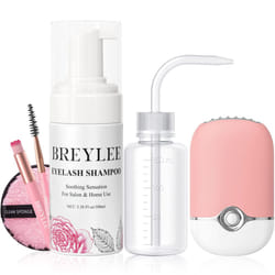 BREYLEE 100 ml Lash Shampoo for Lash Extensions  Lash Fan Dryer+Rinse Bottle+Brushes+Cotton Puff  Eyelash Extension Cleanser  Lash Bath Wash Soap Foam
