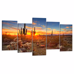 Kreative Arts - Natural Landscape Paintings Wall Art Sunset with Saguaros in Sonoran Desert 5 Pieces Picture Print on Canvas  ...