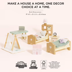 Le Toy Van - SugarPlum Wooden Bedroom Set | Dolls House Accessories Play Set For Dolls Houses | Girls and Boys Doll House Furniture Sets - Suitable Fo