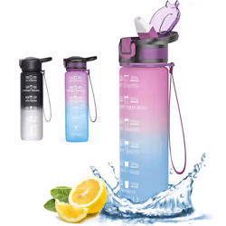Water Bottle with Straw, Sports Water Bottle 1L, Gym Water Bottle with Time Marker and Strap, Tritan BPA-Free Leakproof Water ...
