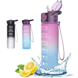 Water Bottle with Straw, Sports Water Bottle 1L, Gym Water Bottle with Time Marker and Strap, Tritan BPA-Free Leakproof Water Bottle, Lightweight