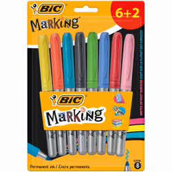 BIC Marking Permanent Markers Fine Tip Assorted Intense & Pastel Colours 6+2 Pack