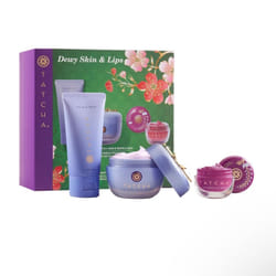 Tatcha Dewy Skin  Lips Hydrating Ritual Set Travel Rice Wash Full Size Dewy Skin Cream Wisteria Lip Mask 119 Value