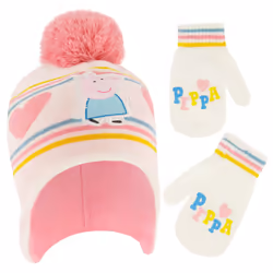 Hasbro Girls Winter Accessory Hat and Mittens Set  Peppa Pig Toddler Beanie for Toddler Ages 2-4 White/Pink