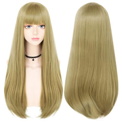 Anogol Hair Cap+Synthetic Wigs Blonde Cosplay Wig With Bangs Long Straight Hair For Daily Life For Halloween Cosplay Party Wig For Christmas Wig