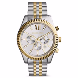Michael Kors Mens Chronograph Watch Two Tone Stainless Steel Bracelet Silver Dial MK8344