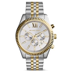 Michael Kors Mens Chronograph Watch Two Tone Stainless Steel Bracelet Silver Dial MK8344