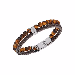 Fossil Men's Leather and Beaded Bracelet  Color: Tigers Eye/Brown (Mod