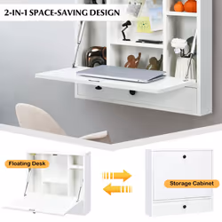 Wall Mounted Table Foldable Laptop Workstation Floating Desk w/Shelves