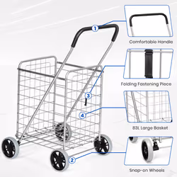 83L Folding Shopping Cart Utility Cart w/ Handle & 4 Wheels Heavy-Duty