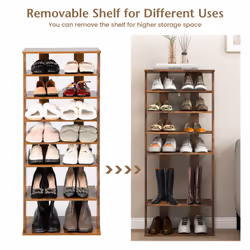 7-Tier Shoe Rack Tower Organiser with Removable Shelves - 110cm, Brown
