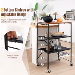 Foldable Kitchen Cart 3-Tier Serving Trolley w/Adjustable Shelves