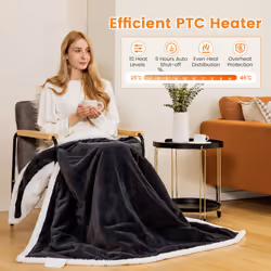 Electric Heated Blanket Fleece & Faux Rabbit Velvet W/10 Heat Settings