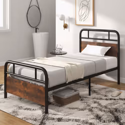 Single Bed Frame Metal Platform Bed w/ Headboard - 198 x 92 cm, Rustic
