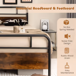 King Bed Frame Metal Platform Bed w/ Headboard - 208 x 152 cm, Rustic