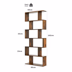 Industrial S-Shaped Bookshelf Wooden 6-tier Bookcase Display Rack