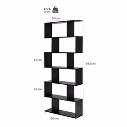 Industrial S-Shaped Bookshelf Wooden 6-tier Bookcase Display Rack