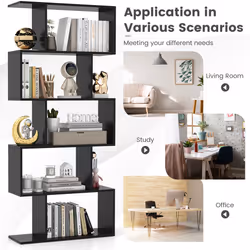 Industrial S-Shaped Bookshelf Wooden 5-tier Bookcase Display Rack