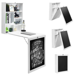 Folding Table Wall Mounted Desk W/ Storage Shelves & Blackboard