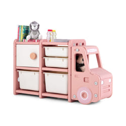 Kids Toy Storage Organizer Truck-shaped Toddler Cabinet w/ 2 Plastic Bins