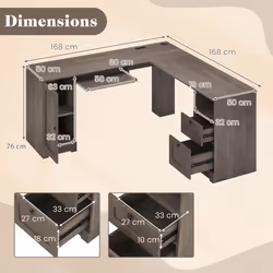168 CM L-shaped Office Desk With Power Outlets 2 Drawers Keyboard Tray