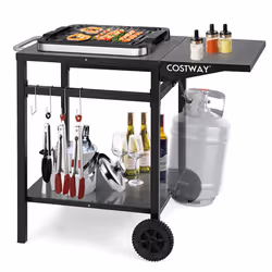 Dining Cart Double-Shelf Pizza Oven Serving Trolley w/ Extended Side & Wheels