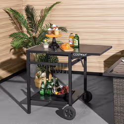 Dining Cart Double-Shelf Pizza Oven Serving Trolley w/  Extended Side & Wheels