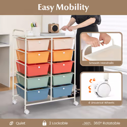 10-Drawer Mobile Storage Trolley Utility Cart with Handle & Metal Frame