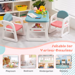 3 PCS Kids Table & Chairs Set Children Toddler Activity Desk Chair Set W/ Storage Shelf