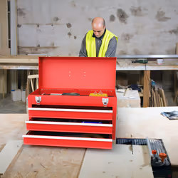 Portable Steel Tool Box Tool Storage Chest w/ 3 Drawers & Top Storage Tray