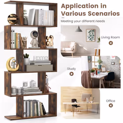 5-tier Bookcase Anti-Toppling S-Shaped Bookshelf Wooden Storage Display Rack