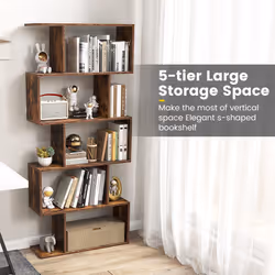 5-tier Bookcase Anti-Toppling S-Shaped Bookshelf Wooden Storage Display Rack