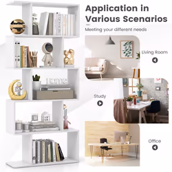 5-tier Bookcase Anti-Toppling S-Shaped Bookshelf Wooden Storage Display Rack