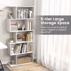 5-tier Bookcase Anti-Toppling S-Shaped Bookshelf Wooden Storage Display Rack