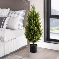 90CM Artificial Topiary Cedar Tree Fake Cypress Tree with Cement Plastic Pot