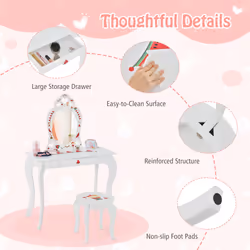 Children's Vanity Dressing Table & Stool Set W/ Tri-fold Mirror & Drawers