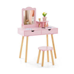 Toddler Children Dressing Table & Chair Set w/ Mirror & Drawers Vanity Makeup Table Set