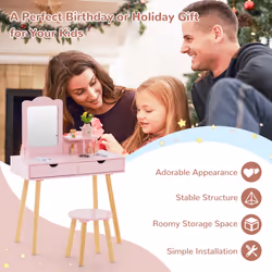 Toddler Children Dressing Table & Chair Set w/ Mirror & Drawers Vanity Makeup Table Set