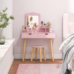 Toddler Children Dressing Table & Chair Set w/ Mirror & Drawers Vanity Makeup Table Set